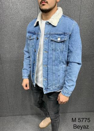 Джинсовка мужская с мехом синяя / джинсовый пиджак куртка курточка варенка синя3 фото
