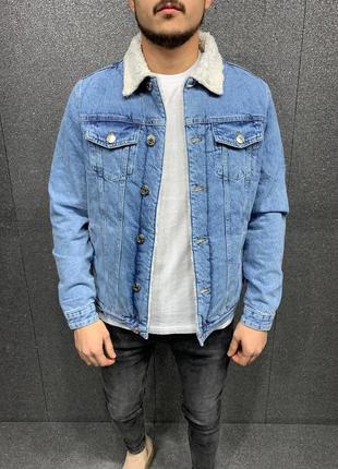 Джинсовка мужская с мехом синяя / джинсовый пиджак куртка курточка варенка синя6 фото