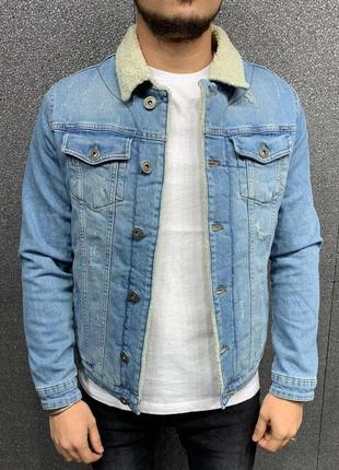 Джинсовці чоловіча з хутром синя / джинсовий піджак куртка курточка варенка синя
