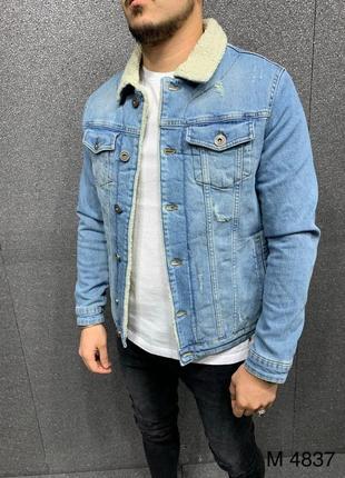 Джинсовка мужская с мехом синяя / джинсовый пиджак куртка курточка варенка синя2 фото