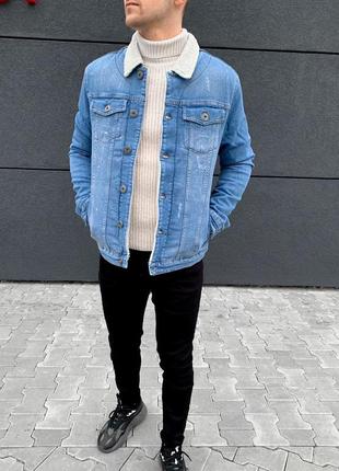Джинсовка мужская с мехом синяя / джинсовый пиджак куртка курточка варенка синя8 фото