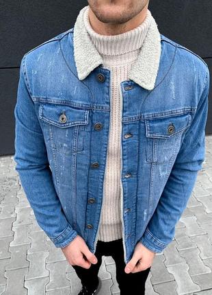 Джинсовка мужская с мехом синяя / джинсовый пиджак куртка курточка варенка синя7 фото