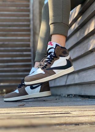 Nike air jordan travis scott женские кроссовки высокие на весну кожаные