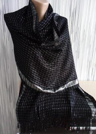 Палантин шарф в клетку с серебряной нитью2 фото