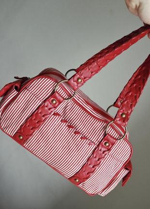 Сумка текстиль в полоску красная багет чемоданчик ткань1 фото