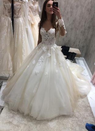 Весільна сукня колір шампань xs зі шлейфом довгий рукав2 фото