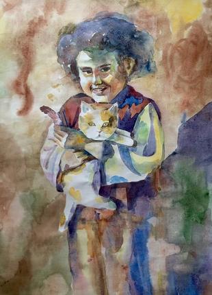 Большая интерьерная картина акварелью - мальчик и котик