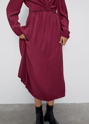 Новое платье zara миди с длинным рукавом малиновое бургунди бордовое3 фото