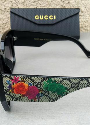 Gucci очки женские солнцезащитные большие черные с цветами на дужках4 фото
