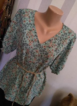 Легкая мятная блузка в цветочный принт , вискоза, этно рустик винтажный  стиль