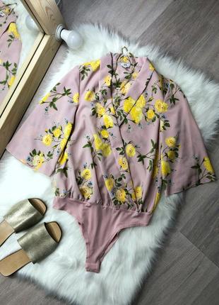 🌸 нежнейший розовый боди блуза на запах в цветочный принт river island