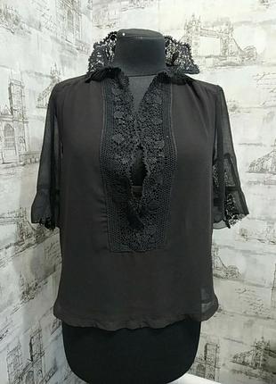 Черная шифоновая блуза с кружевом короткий рукав