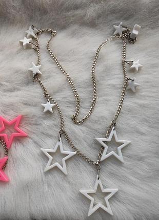 Срібна довга тонка товста ланцюжок намисто підвісками білими зірками зірочками