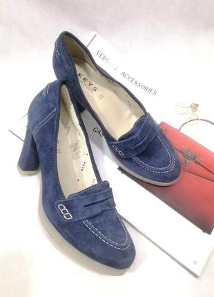 Замшевые туфли лоферы пенни синие голубые с полиуритановой подошвой3 фото