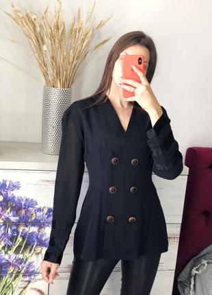 Чёрный винтажный двубортный легкий жакет пиджак с шифоновыми рукавами 🖤 1+1=3