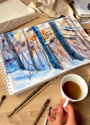 Картина акварель+графіка зимовий пейзаж в рамі!5 фото