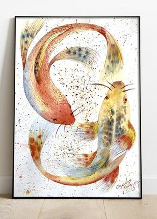 Ніжна картина в спальню японські золоті рибки коі, картина риби в парі в спальню2 фото