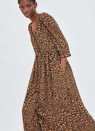 Платье zara леопардовый принт макси миди длинное рукав три четверти7 фото