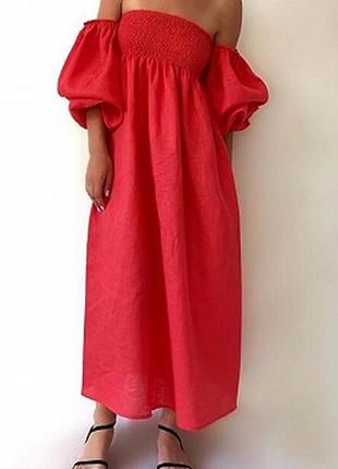Сукня льон з пишними рукавами