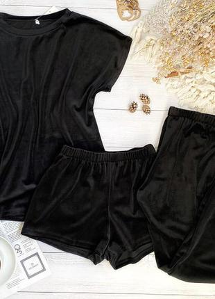 Гарний плюшевий піжамний комплект чорний, штани футболка шорти, костюм для будинку