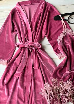 💕бархатный набор ( пижама + халат) розовый2 фото