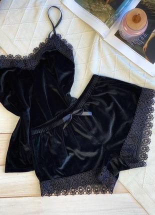 Пижама.бархатная майка шорты с плотным кружевом черная3 фото
