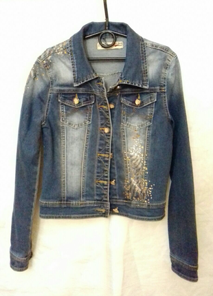 Джинсовая курточка со стразами xs /короткий пиджак / жакет1 фото