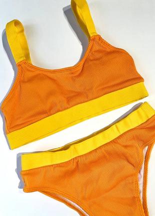 Яскравий роздільний купальник оранжевий жовтий з високими трусами топ5 фото