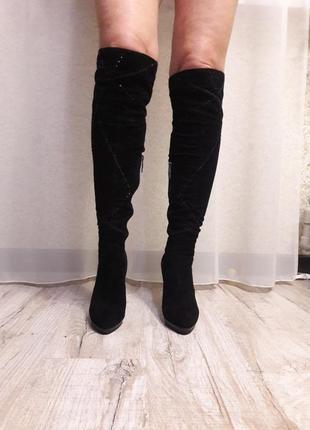 Шикарні чорні чоботи-ботфорти натуральна замша з бісером welfare розмір 37-37.5-38