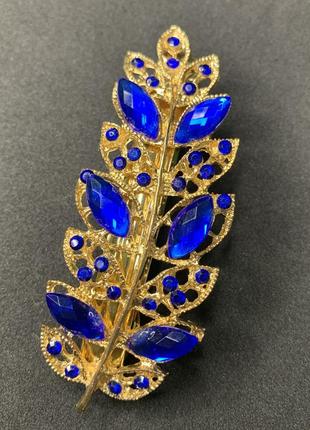 Шпилька для волосся перо золото і сині камені1 фото