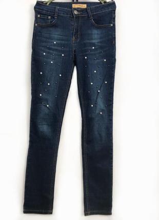 Синие джинсы декорированные жемчугом2 фото