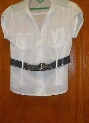 Поплиновая  белая блузка,рубашка с. лакированным  поясом,р.46-48.1 фото