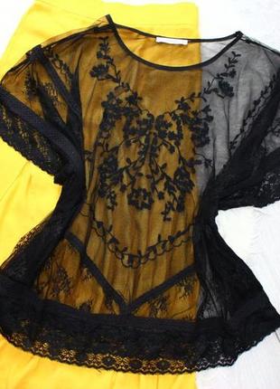 Блуза накидка сітка чорна з вишивкою та мереживом оверсайз, індія, m/s (3709)4 фото