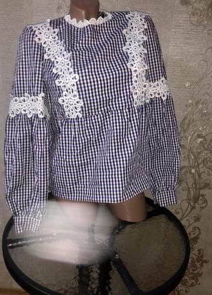 Рубашка, блуза , с кружевом в клетку , коттон5 фото