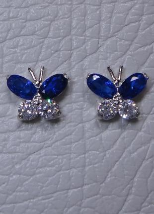 Новые серебряные серьги-гвоздики бабочка с цветными вставками1 фото