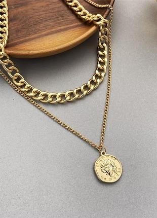 Цепь чокер двойная с медальоном золото стильная двухслойная цепочка колье ожерелье