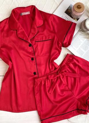 Пижама шелк .рубашка (короткий рукав) +шорты красная