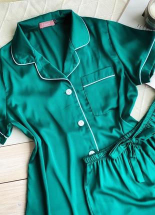 Пижама шелк .рубашка короткий рукав шорты зеленая1 фото