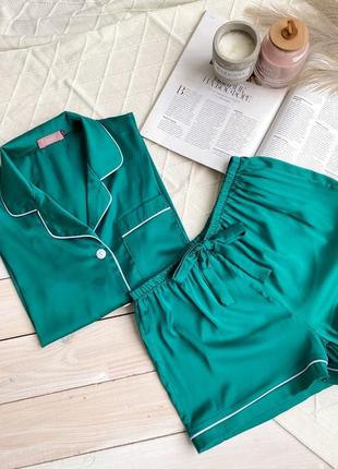 Пижама шелк .рубашка короткий рукав шорты зеленая8 фото
