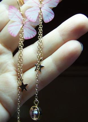 Сережки-ланцюжки з кришталевою зіркою бусиною і метеликами з органзи4 фото