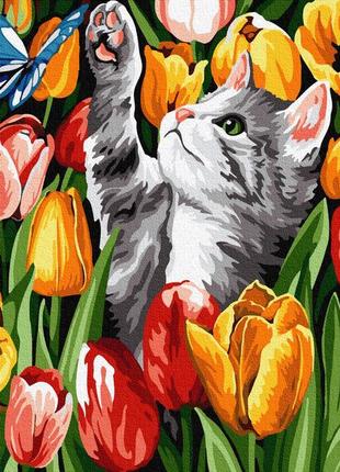 Картина по номерам котенок котёнок в тюльпанах