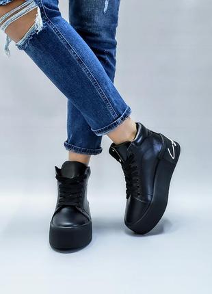 Кеды черные кожаные на толстой подошве р36-40 ботинки хайтопы кеди черевики хайтопи4 фото