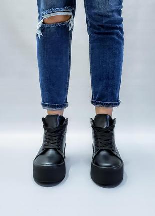 Кеды черные кожаные на толстой подошве р36-40 ботинки хайтопы кеди черевики хайтопи5 фото