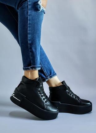 Кеды черные кожаные на толстой подошве р36-40 ботинки хайтопы кеди черевики хайтопи3 фото