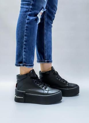 Кеды черные кожаные на толстой подошве р36-40 ботинки хайтопы кеди черевики хайтопи6 фото