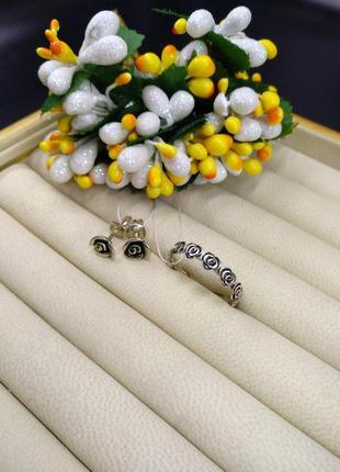 Срібний набір сережки гвоздики пусети і кільце трояндочки 9252 фото