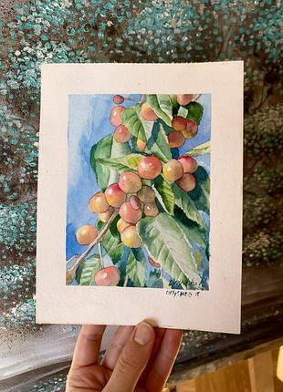 Невелика картина аквареллю ручної роботи - черешні картинка