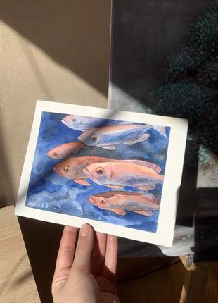 Картина акварелью - красные рыбки ручной работы6 фото