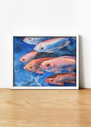 Картина акварелью - красные рыбки ручной работы