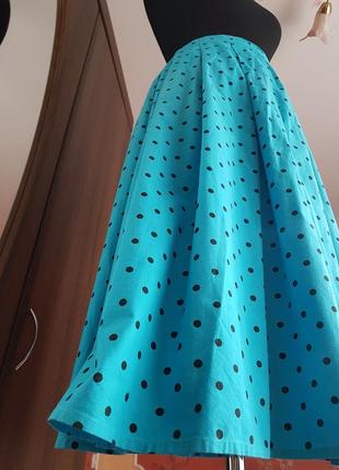 Голубая хлопковая юбка миди в горошек